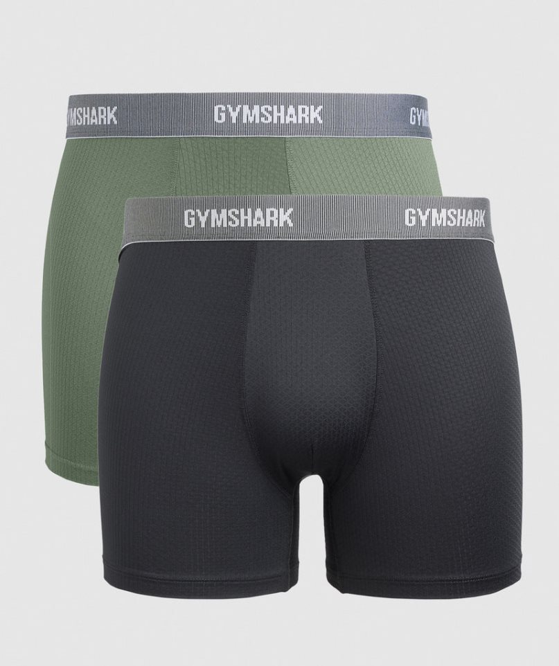 Men\'s Gymshark Sports Tech Boxers 2pk Underwear Black / Olive | NZ 4HMUAX